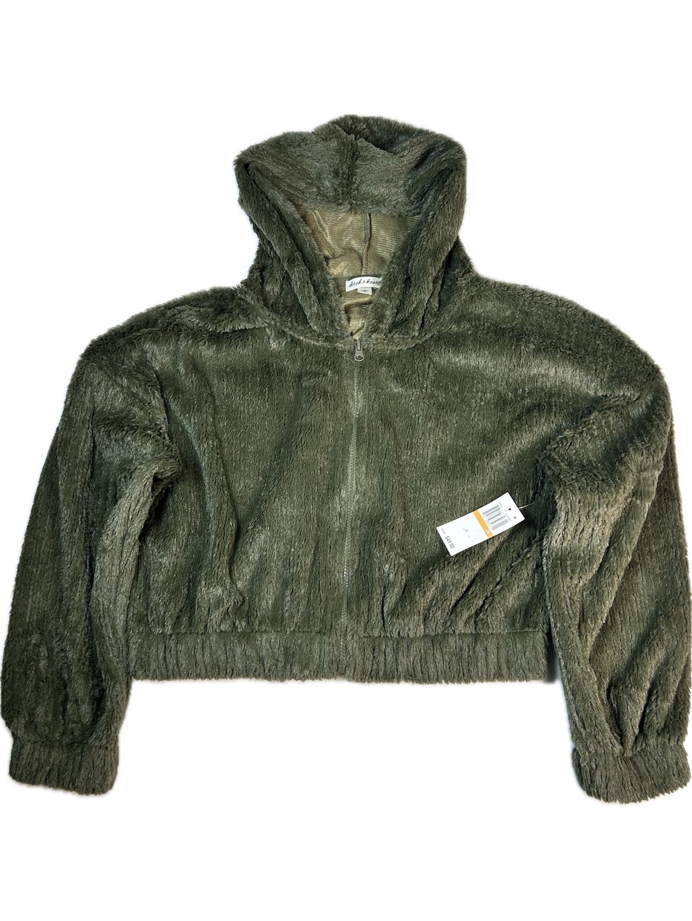 derek heart Olive Green Faux Fur Cropped Hooded Jacket Size 1X - Picture 1 of 4